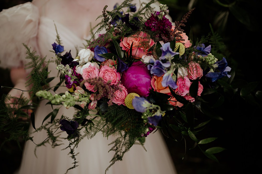 Perthshire Barn Wedding Nicola Stewart Photography Bouquet Flowers Colourful Pink Blue