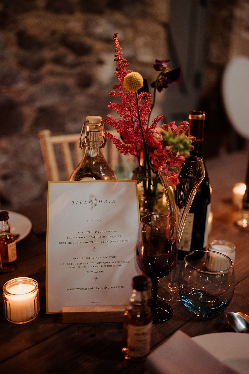 Perthshire Barn Wedding Nicola Stewart Photography Centrepiece Table Decor Flowers Candles Menu