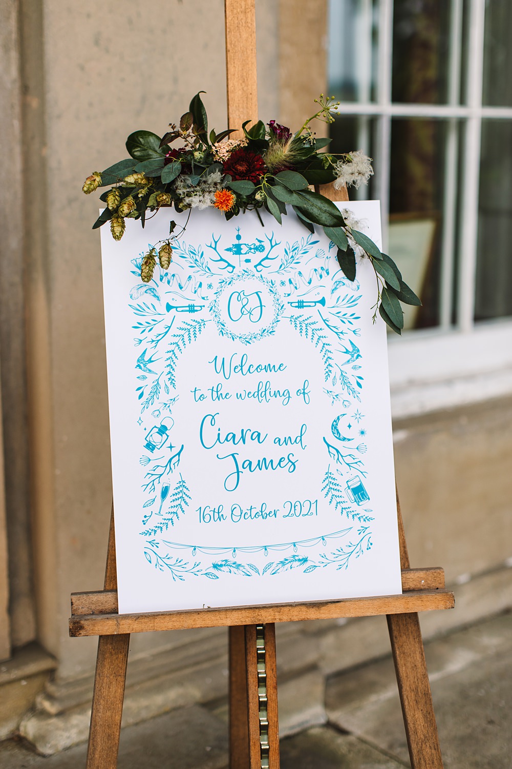 Shropshire Country House Wedding Kate Jackson Photography Illustrated Welcome Sign Flowers