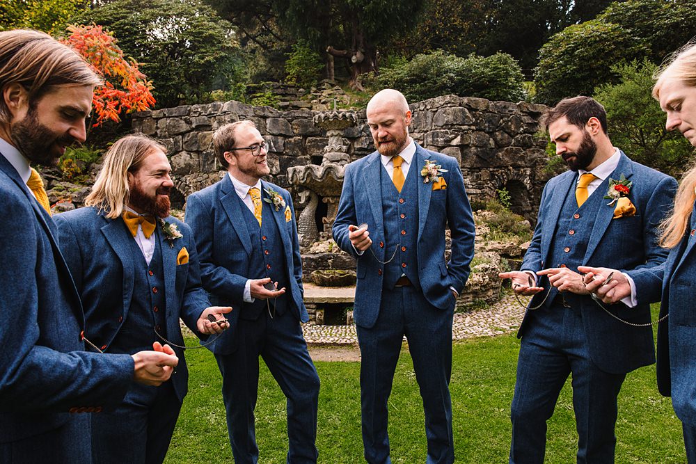 Shropshire Country House Wedding Kate Jackson Photography Groom Navy Blue Suit Yellow Tie Groomsmen