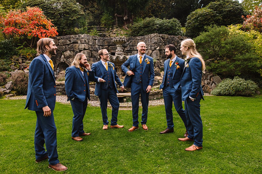 Shropshire Country House Wedding Kate Jackson Photography Groom Navy Blue Suit Yellow Tie Groomsmen