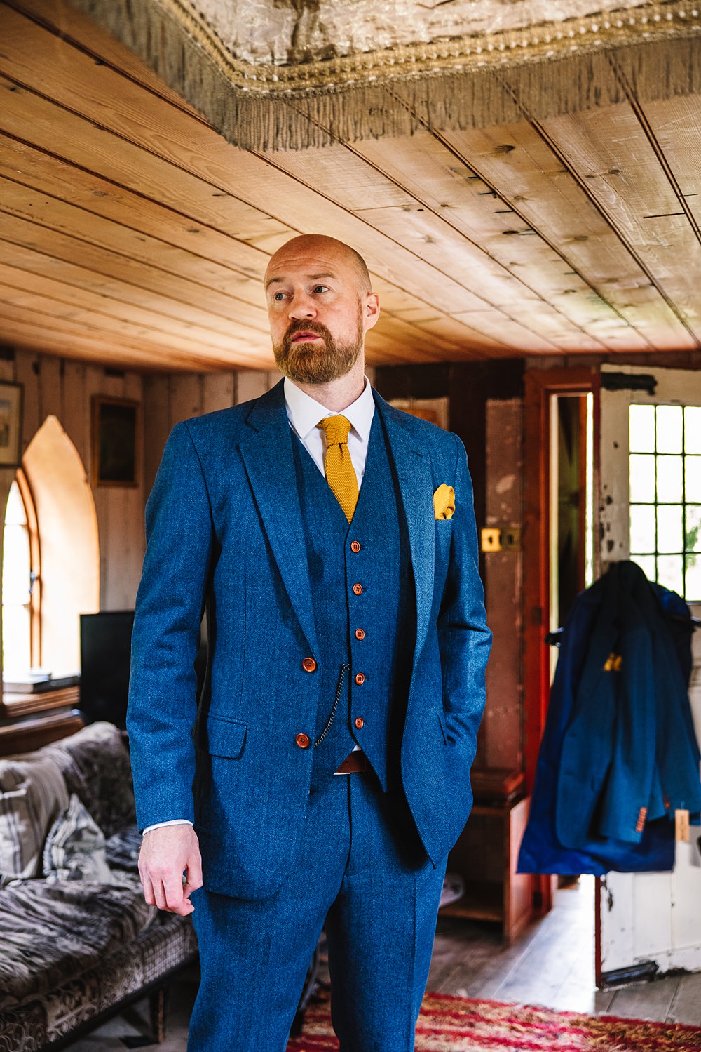Shropshire Country House Wedding Kate Jackson Photography Groom Navy Blue Suit Yellow Tie