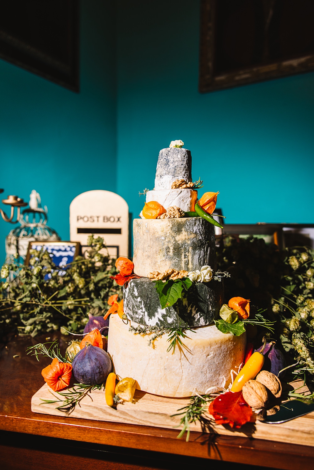 Shropshire Country House Wedding Kate Jackson Photography Cheese Tower Cake Stack Fruit Greenery