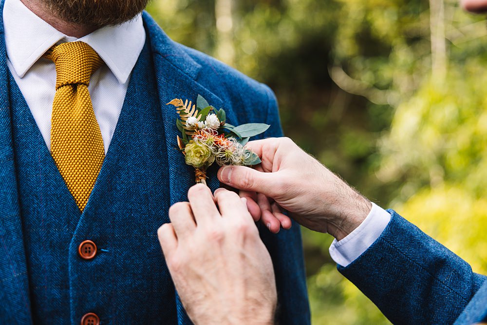 Shropshire Country House Wedding Kate Jackson Photography Groom Navy Blue Suit Yellow Tie Buttonhole