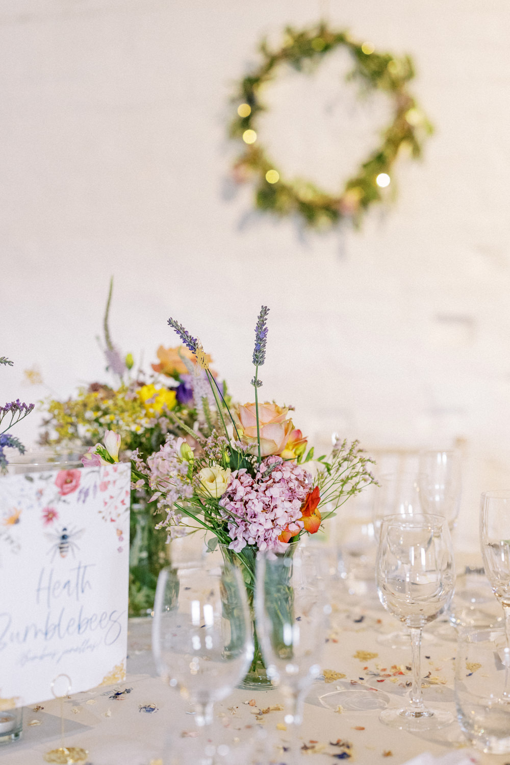 South Stoke Barn Wedding Gemma Vaughan Photography Circle Tables Flowers Centrepiece