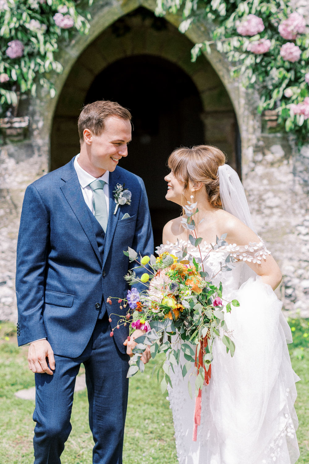 South Stoke Barn Wedding Gemma Vaughan Photography Groom Navy Suit Sage Green Tie