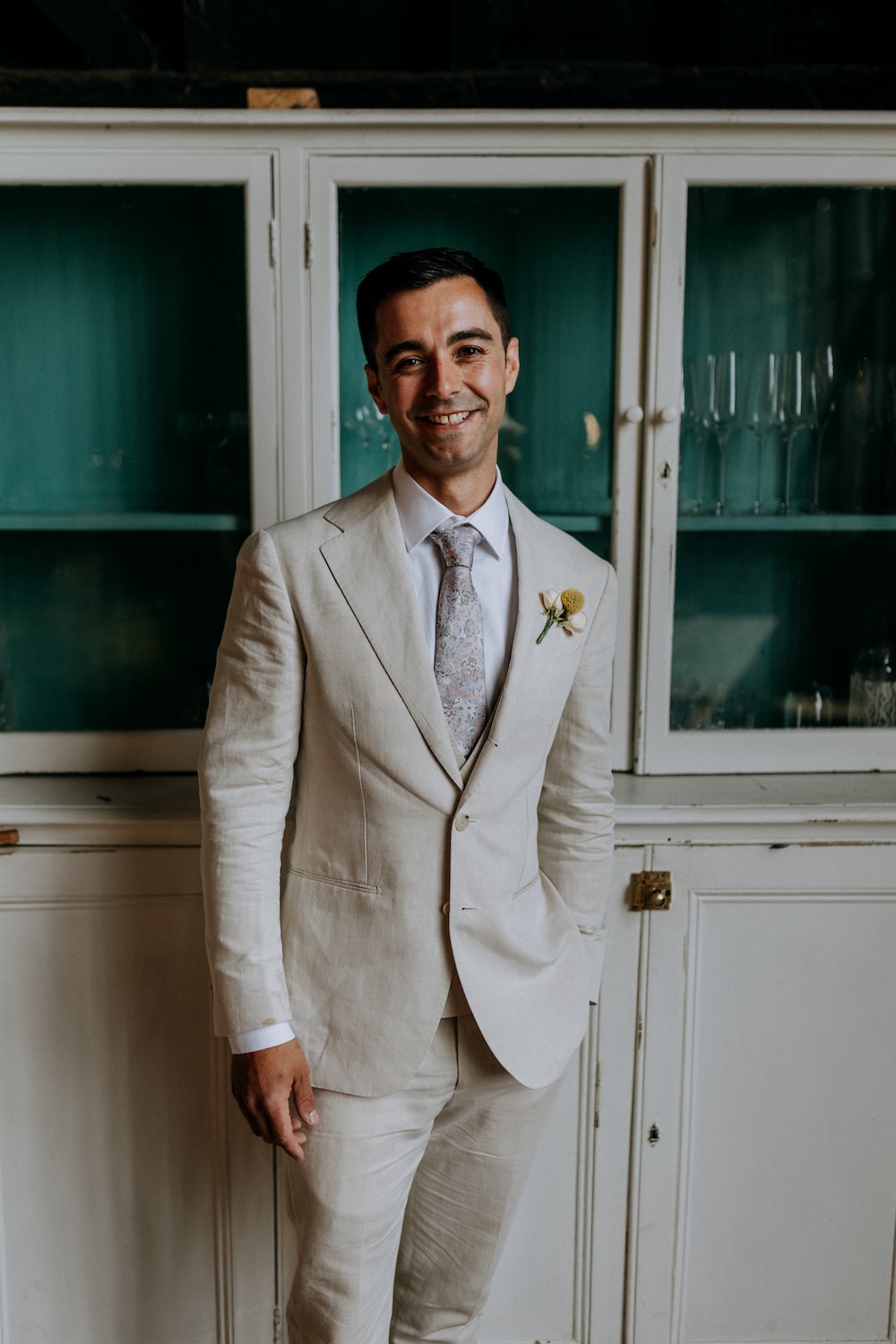 Elmley Nature Reserve Wedding Chris Blackledge Photography Groom Cream Suit Peach Floral Tie