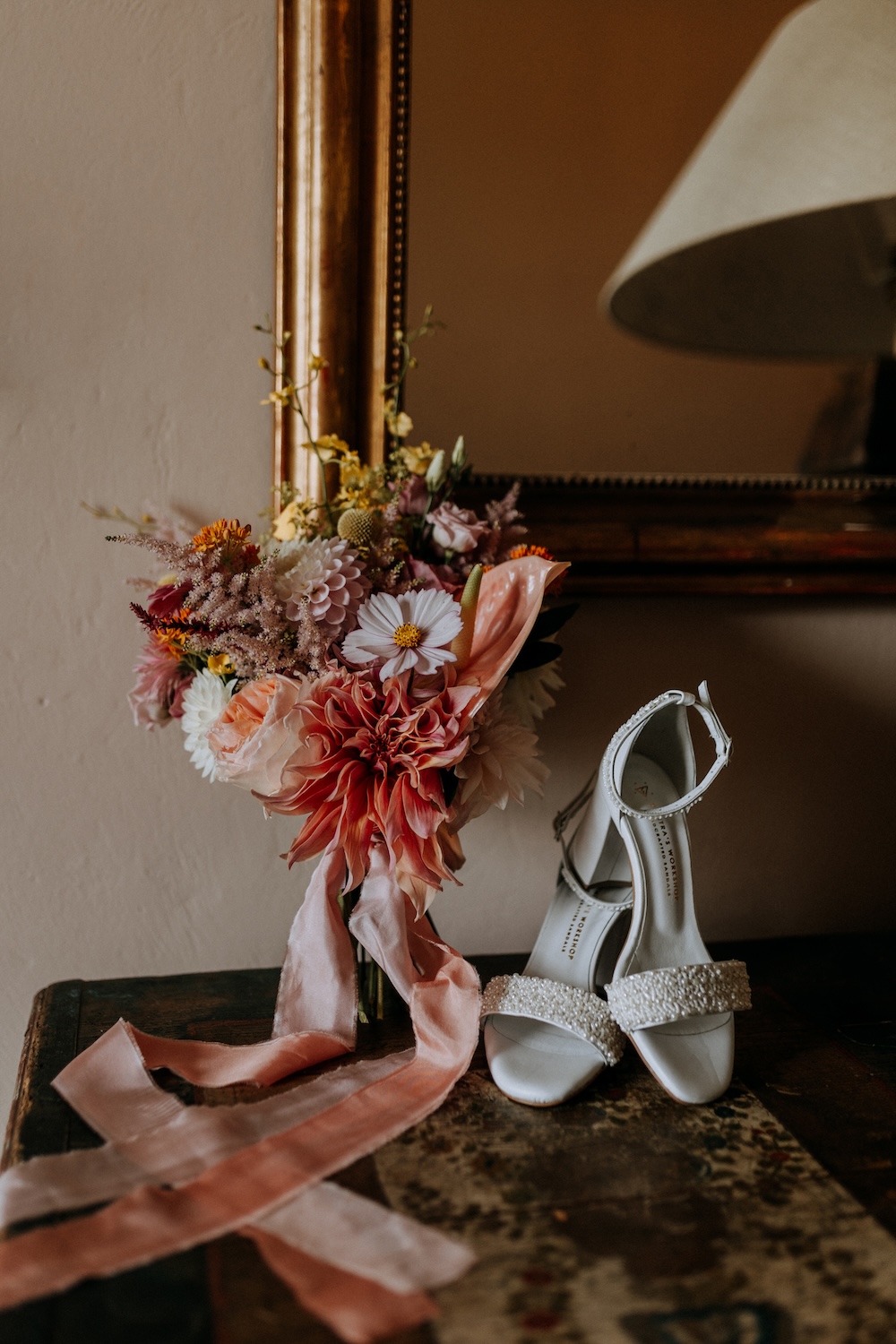 Elmley Nature Reserve Wedding Chris Blackledge Photography Orange Peach Bouquet Dahlia Shoes