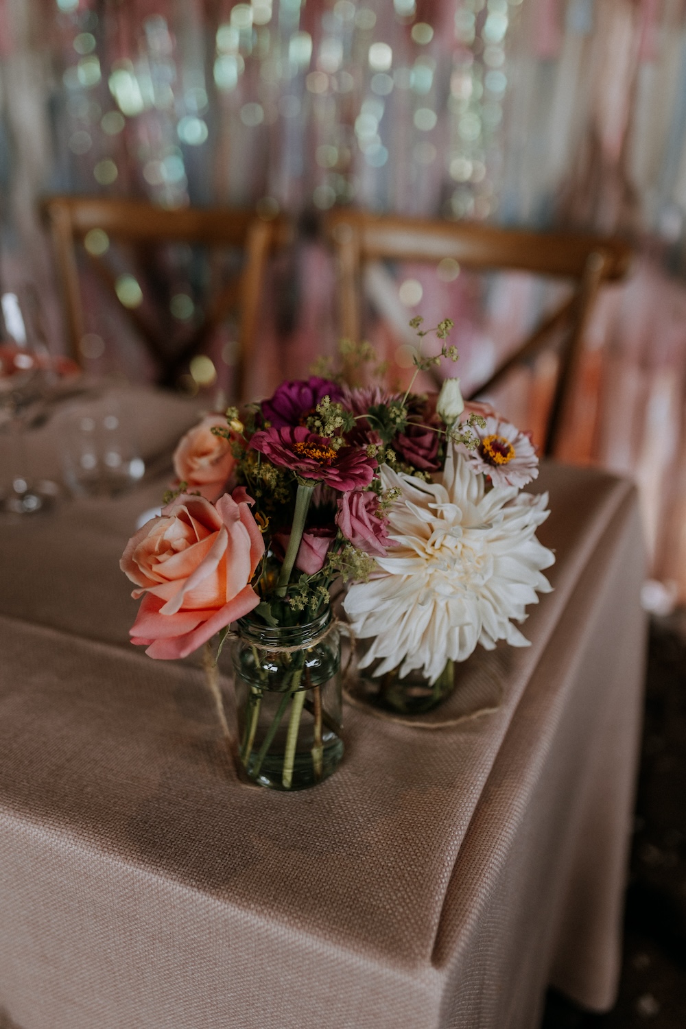 Elmley Nature Reserve Wedding Chris Blackledge Photography Glass Jar Flowers Dahlia Rose