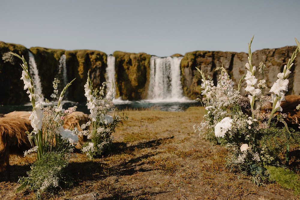 Hotel Katla Wedding ISKRA Photography Waterfall Ceremony Flower Aisle