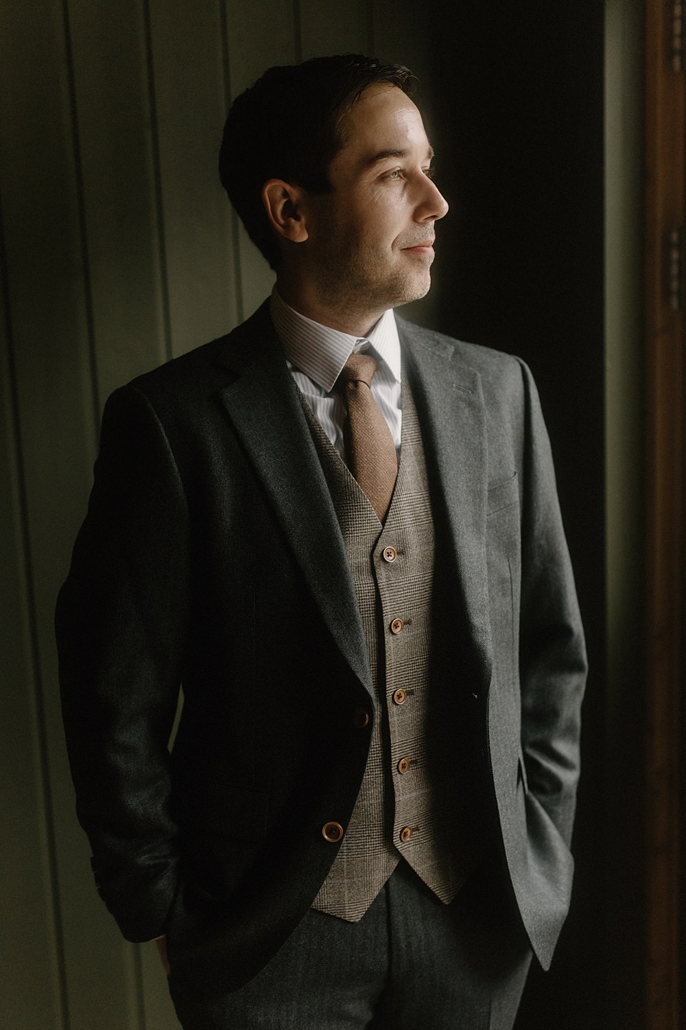 Hotel Katla Wedding ISKRA Photography Groom Tweed Suit Earthy Tan Tie Waistcoat