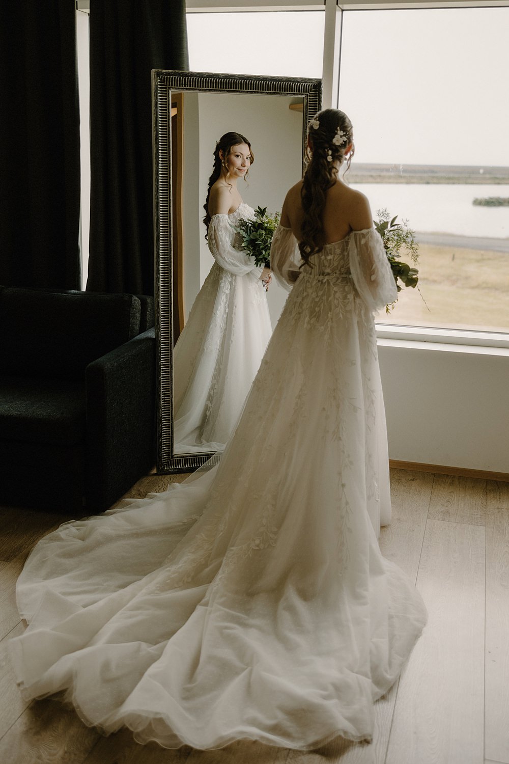 Hotel Katla Wedding ISKRA Photography Bridal Gown Long Sleeve Floral Appliqué Tulle