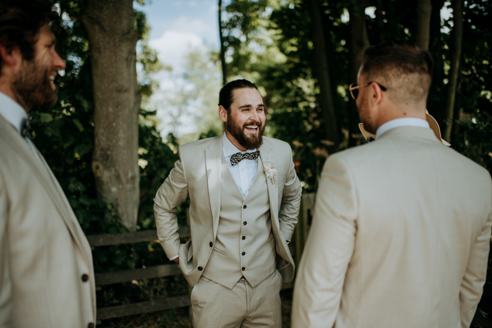 Lincolnshire Garden Wedding Kazooieloki Photography Groom Pale Grey Suit Bow Tie