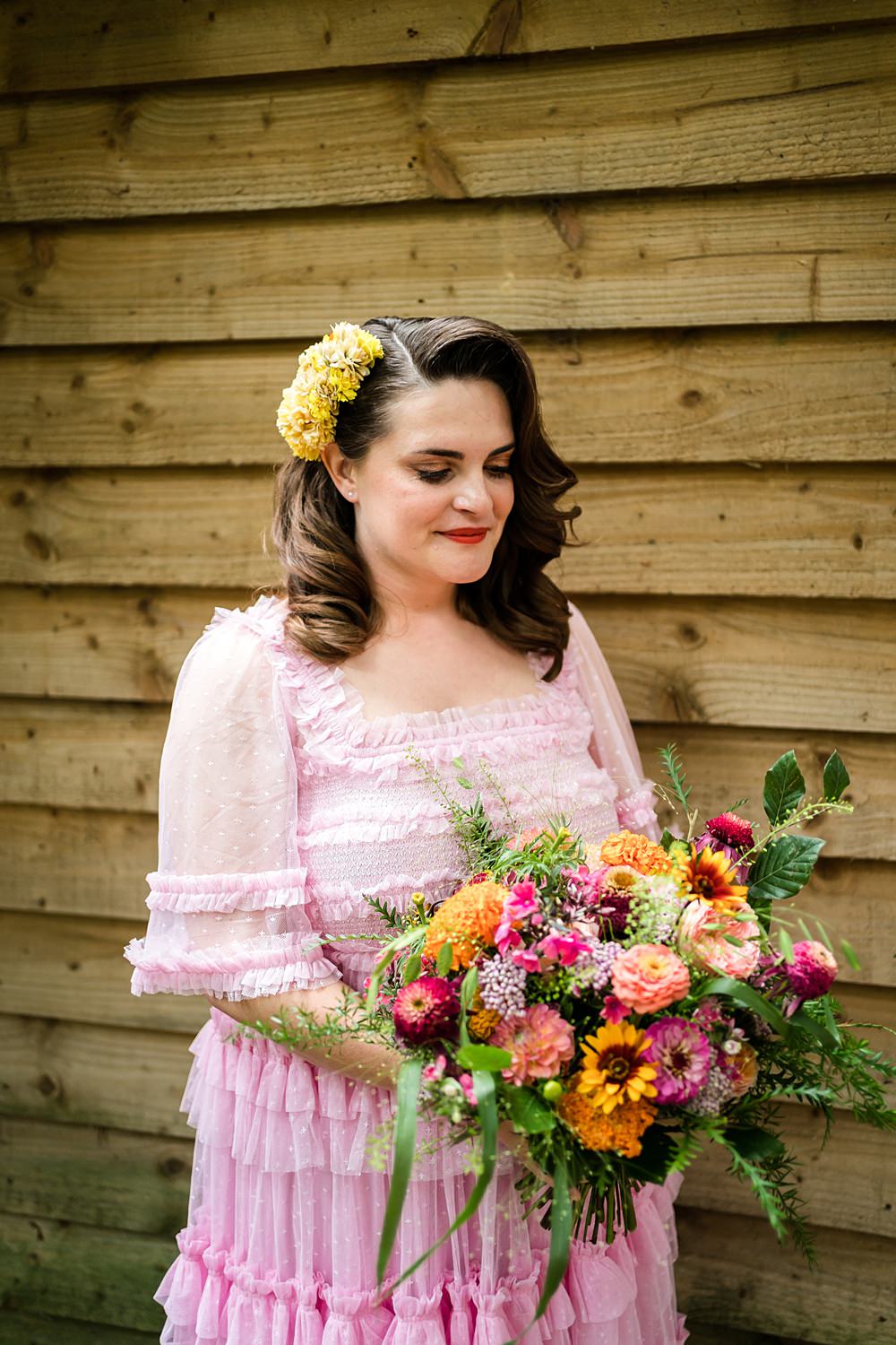 Pink Orange Disco Wedding Lisa and Neil Wedding Photography Colourful Bouquet Bride