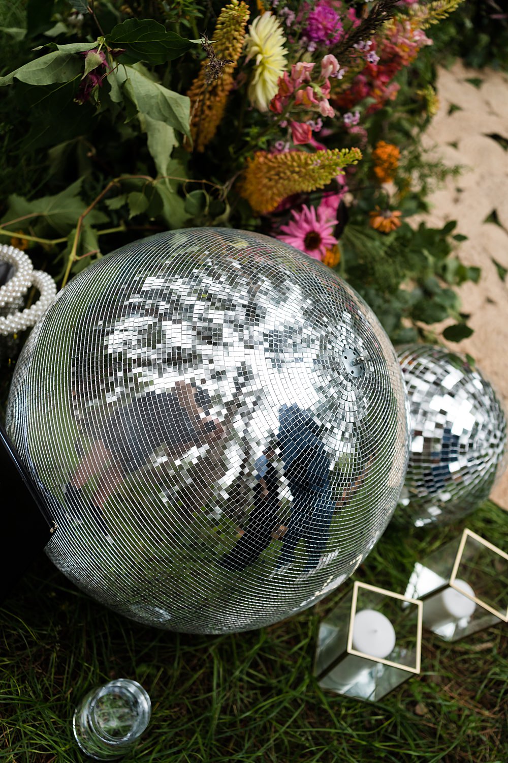Pink Orange Disco Wedding Lisa and Neil Wedding Photography Disco Ball Flowers Decor