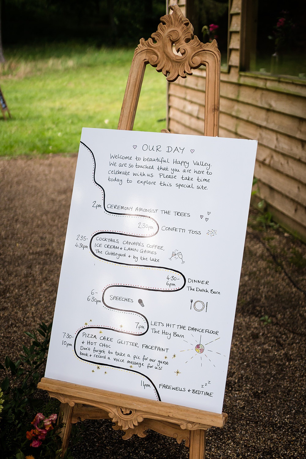 Pink Orange Disco Wedding Lisa and Neil Wedding Photography Order Day Sign Timeline