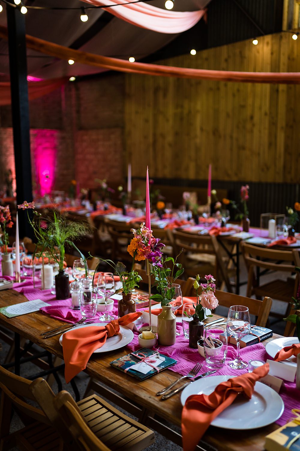 Pink Orange Disco Wedding Lisa and Neil Wedding Photography Long Table Decor Runner Flowers Disco Balls Candles