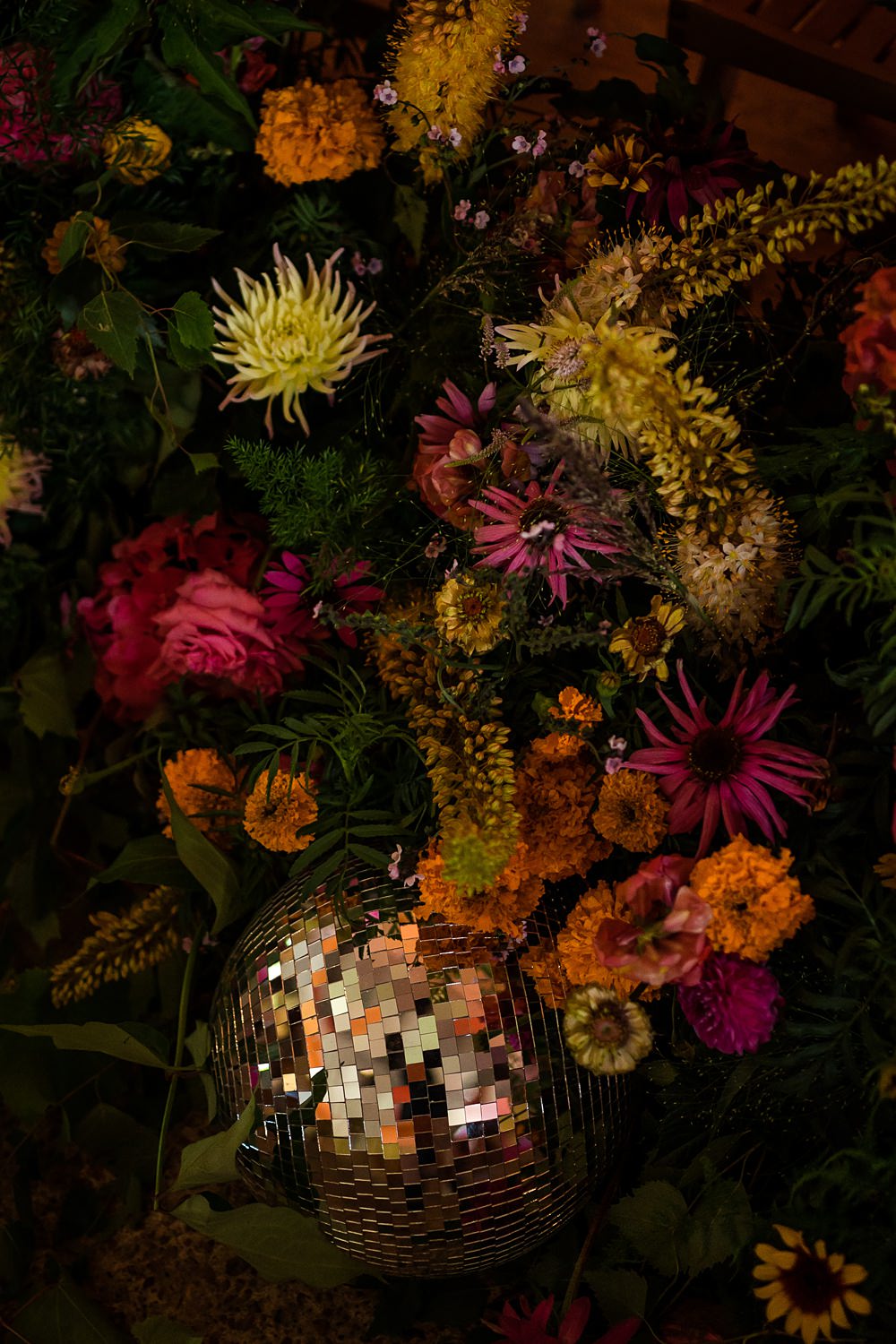 Pink Orange Disco Wedding Lisa and Neil Wedding Photography Disco Ball Flowers Decor