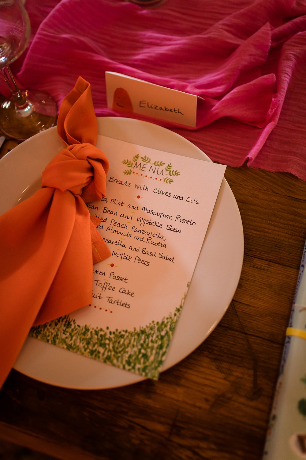 Pink Orange Disco Wedding Lisa and Neil Wedding Photography Napkin Menu Card