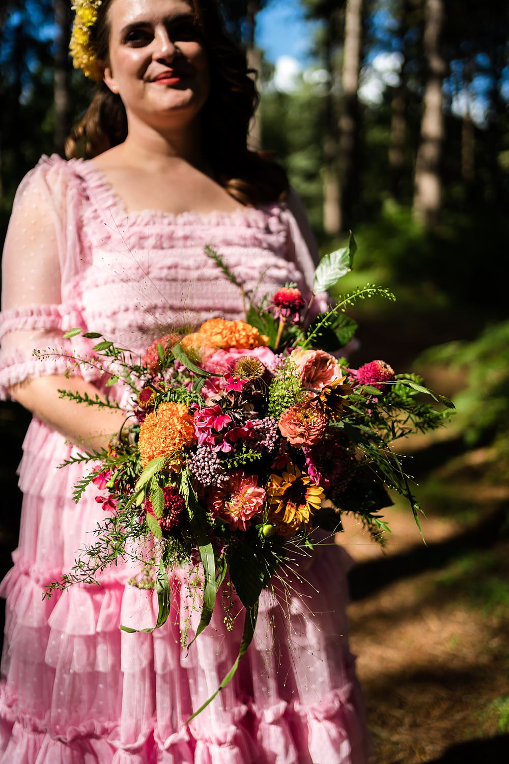 Pink Orange Disco Wedding Lisa and Neil Wedding Photography Colourful Bouquet Bride