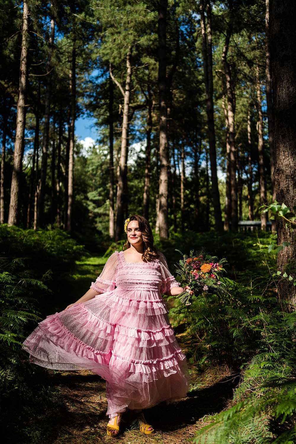 Pink Orange Disco Wedding Lisa and Neil Wedding Photography Bride Pink Ruffle Midi Dress Needle Thread