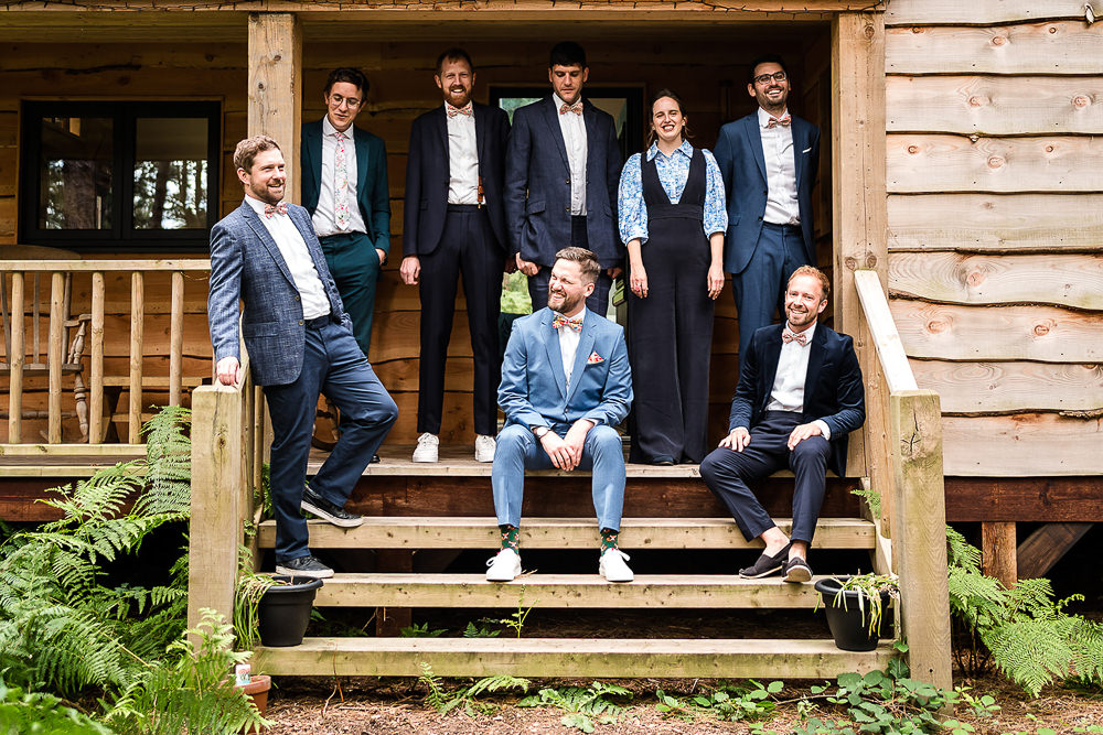 Pink Orange Disco Wedding Lisa and Neil Wedding Photography Groom Groomsmen Mismatched Suits