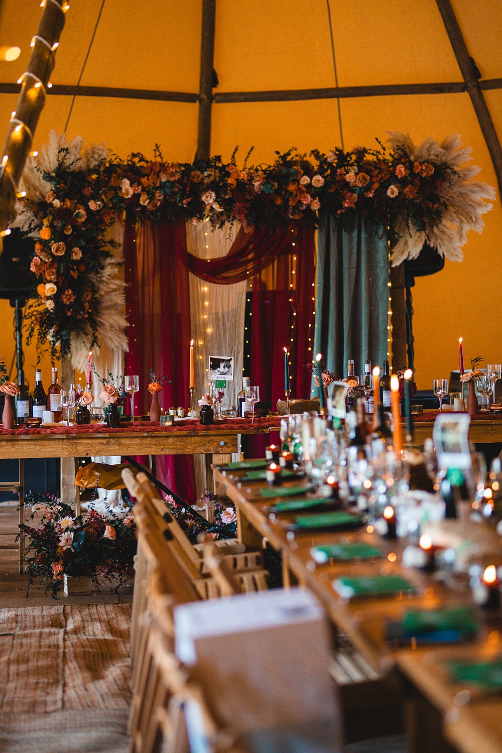 Camp Katur Wedding Alex Bates Photography Top Table Decor Backdrop Drapes Flowers