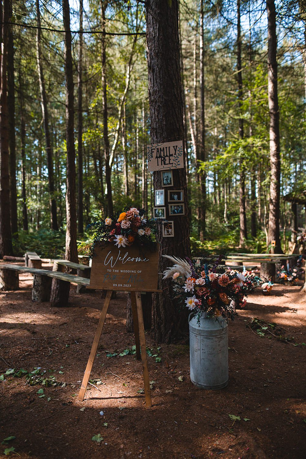 Camp Katur Wedding Alex Bates Photography Woodland Ceremony Welcome Sign Family Tree