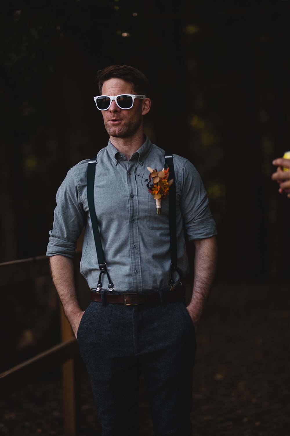 Camp Katur Wedding Alex Bates Photography Groom Braces Shirt Chinos Trainers Sunglasses