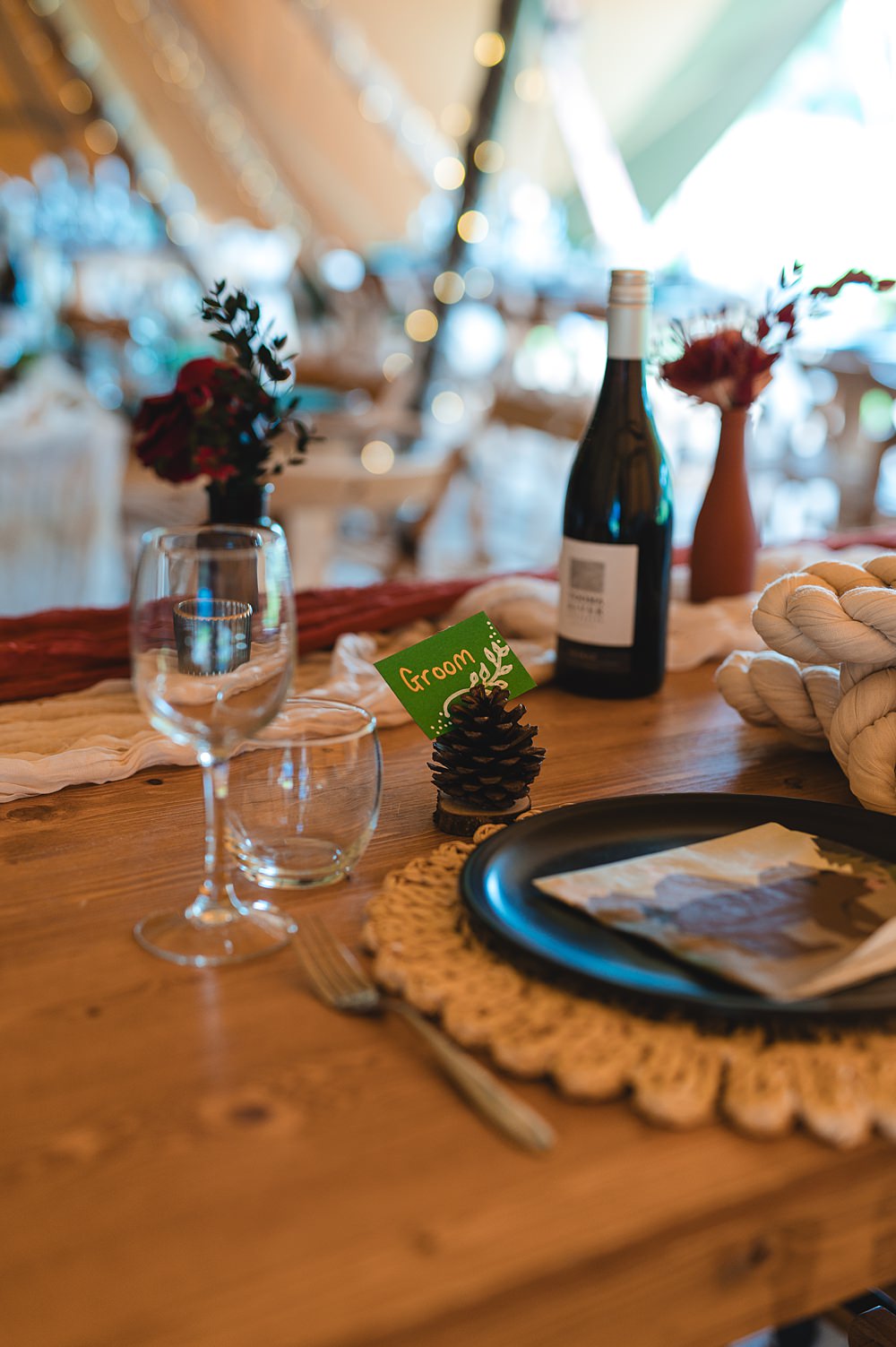 Camp Katur Wedding Alex Bates Photography Place Setting Decor Pine Cone Name