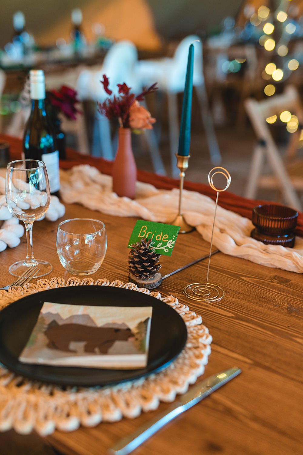 Camp Katur Wedding Alex Bates Photography Place Setting Decor Pine Cone Name