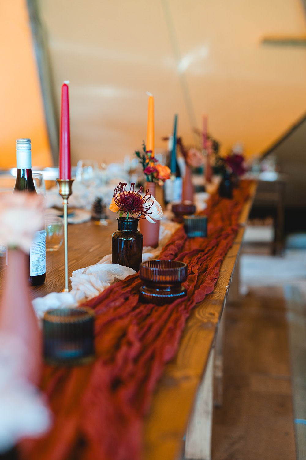 Camp Katur Wedding Alex Bates Photography Long Table Colourful Candles Runner Decor
