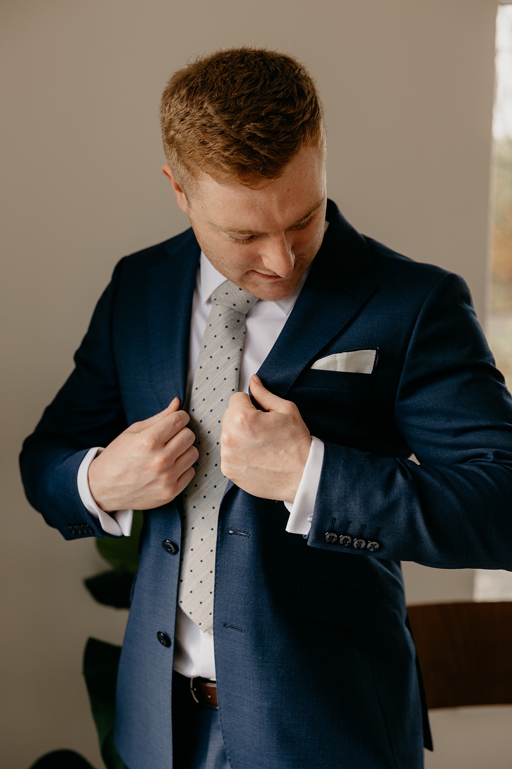 County Down Country House Wedding Iain Irwin Photography Groom Navy Suit Polka Dot Tie