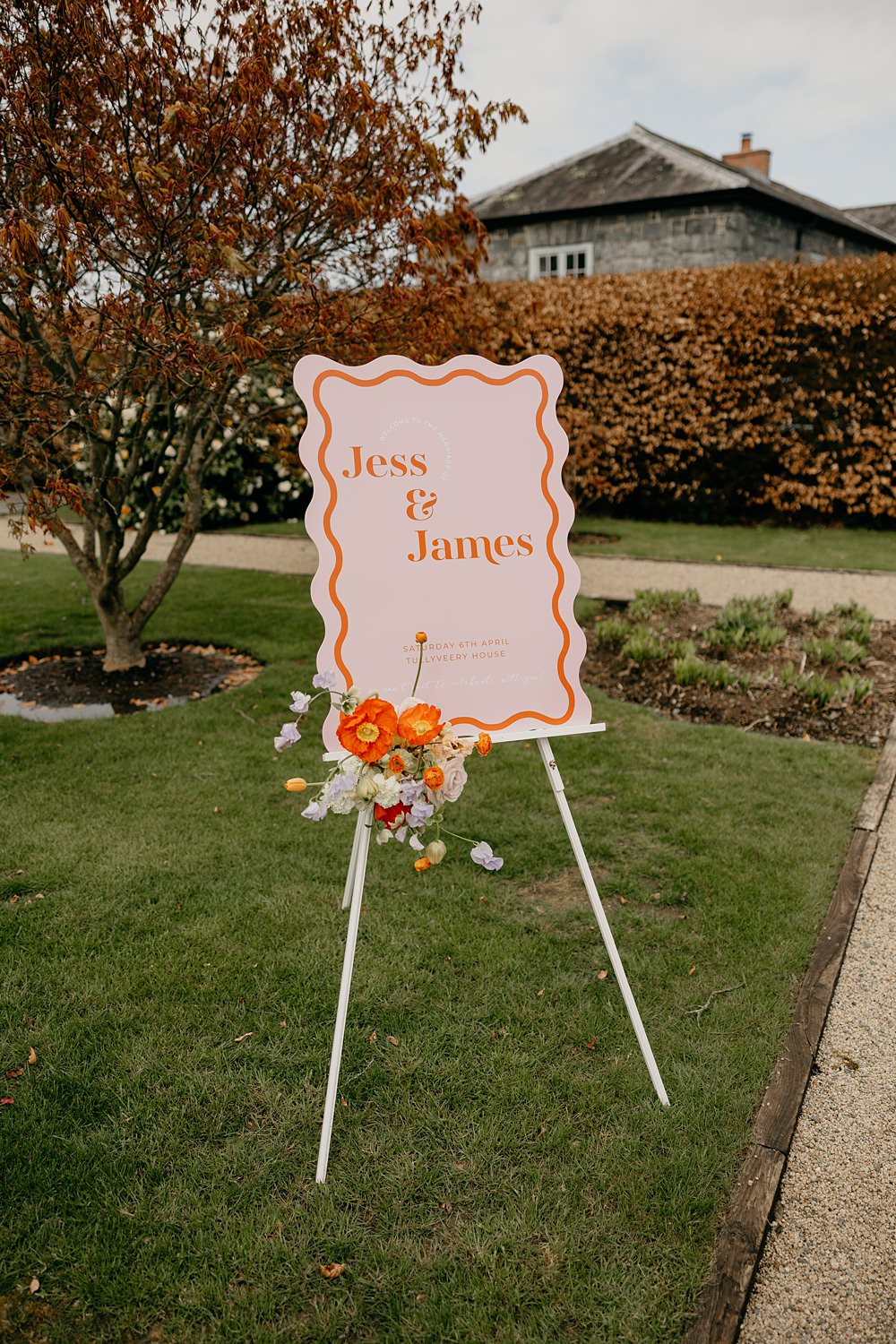 County Down Country House Wedding Iain Irwin Photography Modern Wave Pink Red Sign Flowers Welcome
