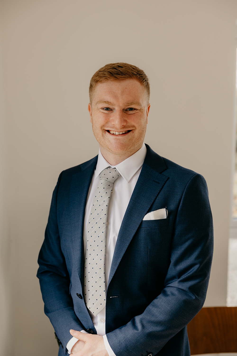 County Down Country House Wedding Iain Irwin Photography Groom Navy Suit Polka Dot Tie