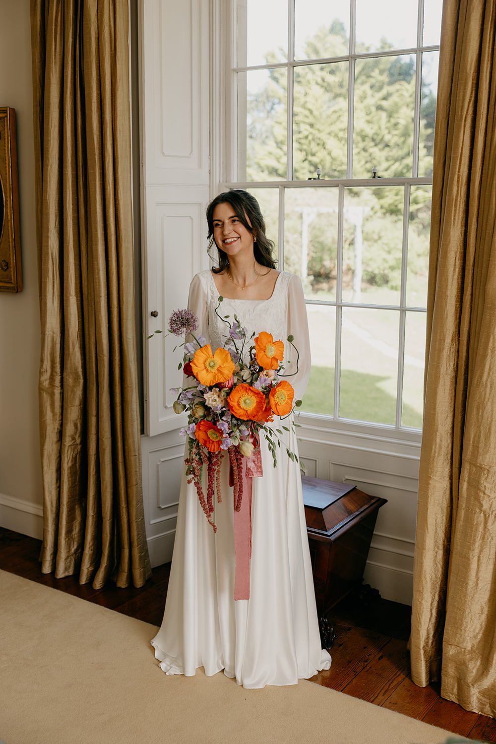 County Down Country House Wedding Iain Irwin Photography Bouquet Bride Ribbon Poppy Colourful Allium