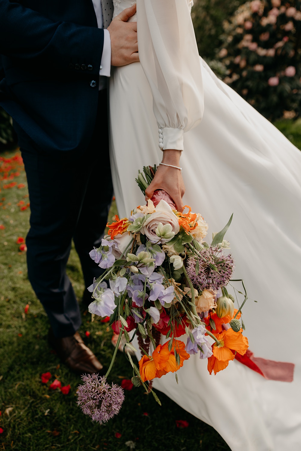 County Down Country House Wedding Iain Irwin Photography Bouquet Bride Ribbon Poppy Colourful Allium