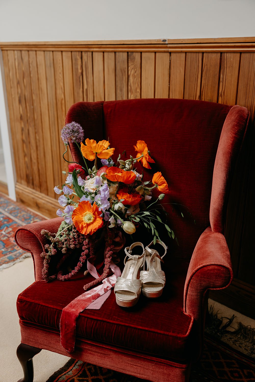 County Down Country House Wedding Iain Irwin Photography Bouquet Bride Ribbon Poppy Colourful Allium