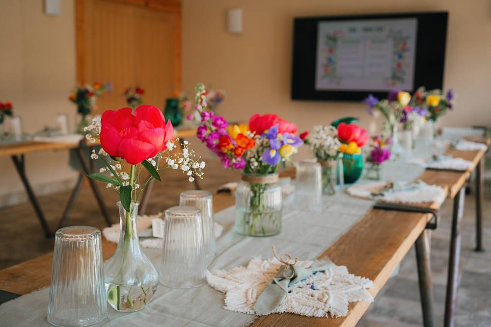 Goodlake Barns Wedding Becky Weir Photography Long Tables Decor Colourful Flowers
