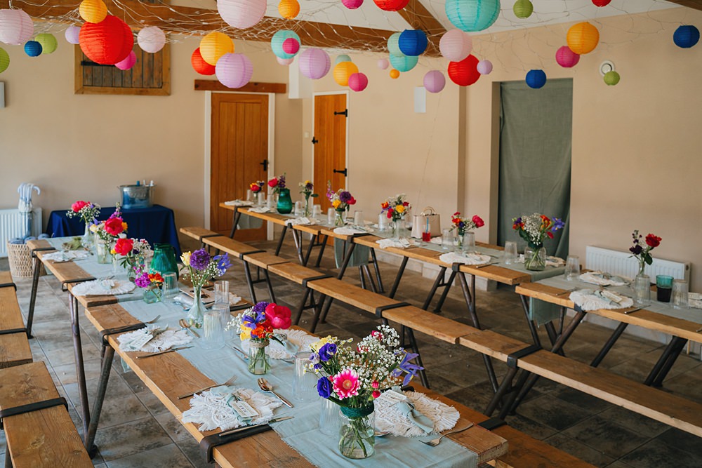Goodlake Barns Wedding Becky Weir Photography Rainbow Colourful Lanterns Decor Long Tables Flowers