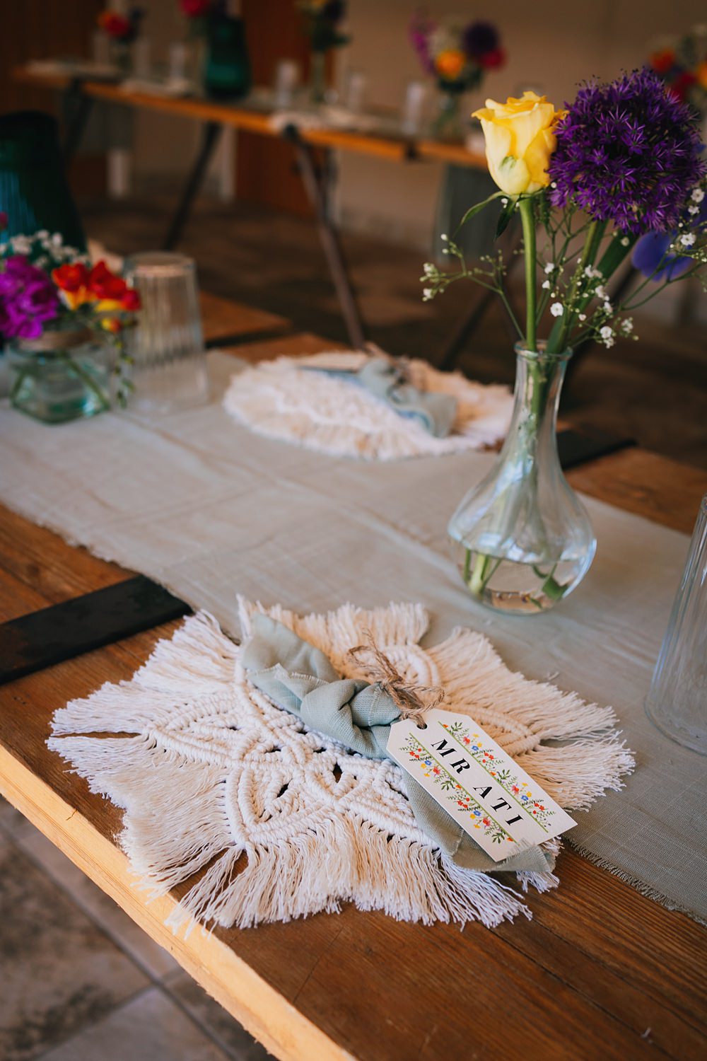 Goodlake Barns Wedding Becky Weir Photography Macramé Place Mat Knotted Napkin Place Name Setting