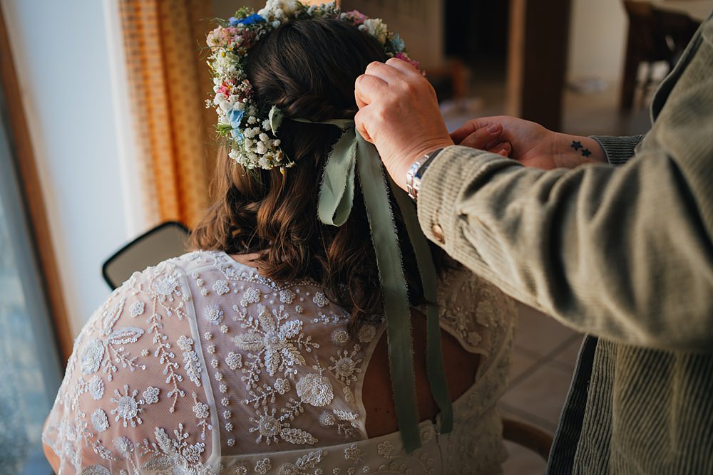 Goodlake Barns Wedding Becky Weir Photography Bride Flower Crown Ribbon