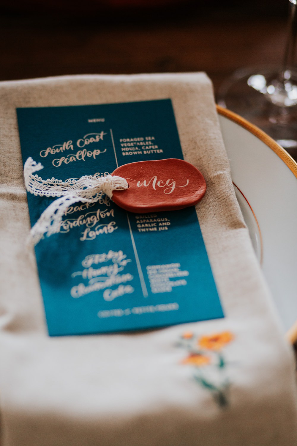 Lordington Park Wedding Ideas Lucy Davis Photography Teal Orange Place Name Lace Menu Place Setting