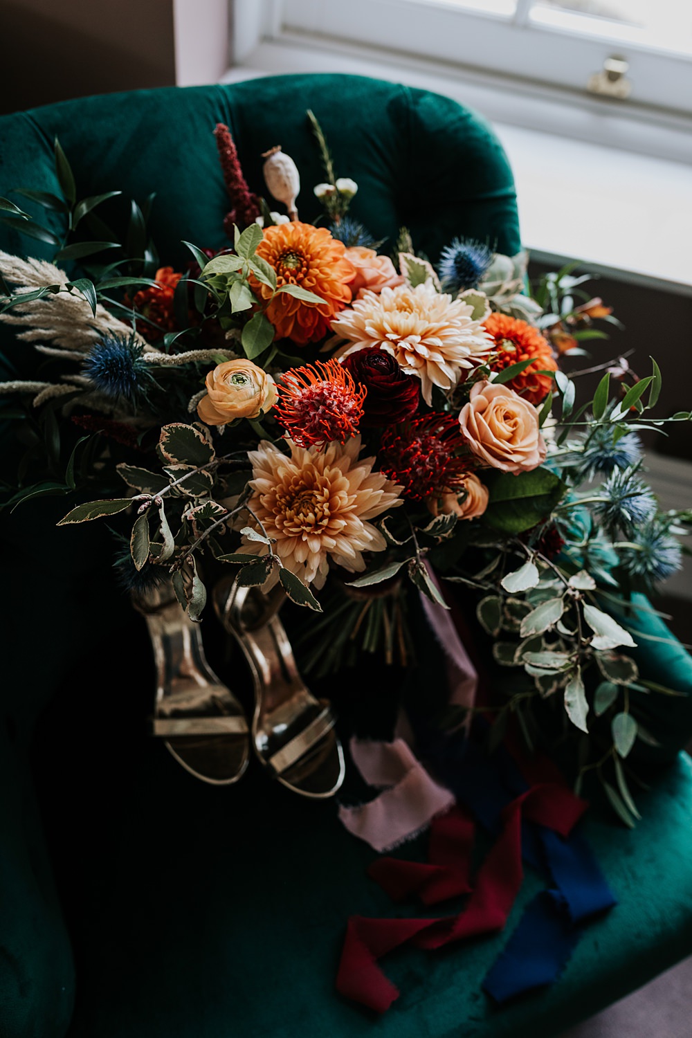 Lordington Park Wedding Ideas Lucy Davis Photography Colourful Bouquet Yellow Orange Blue Flowers Bridal