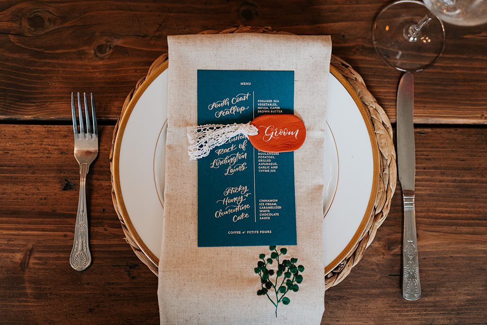Lordington Park Wedding Ideas Lucy Davis Photography Teal Orange Place Name Lace Menu Place Setting
