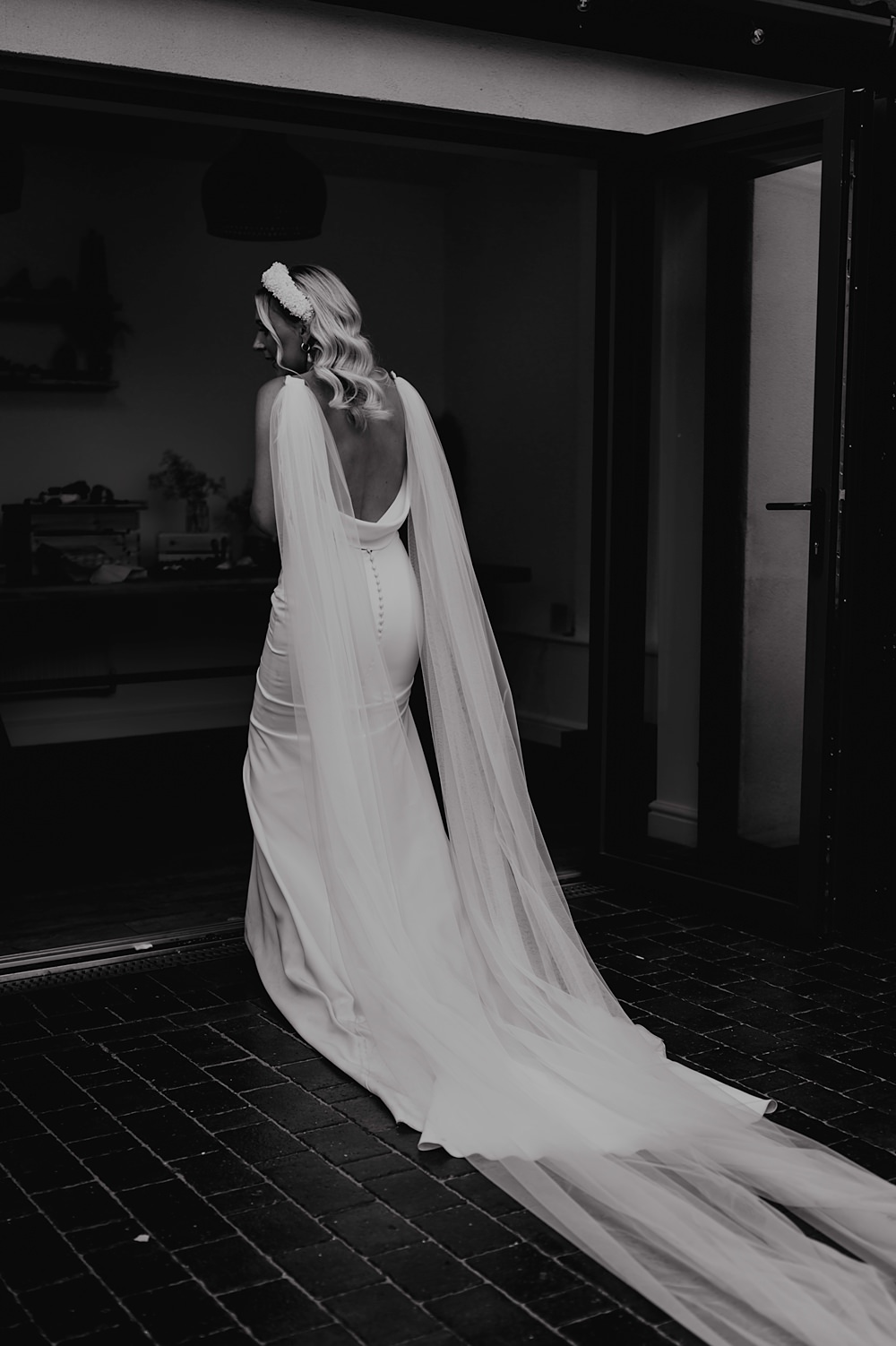Personal Back Garden Wedding Emma Mcnair Photography Cowl Back Dress Gown Bride Cape Veil