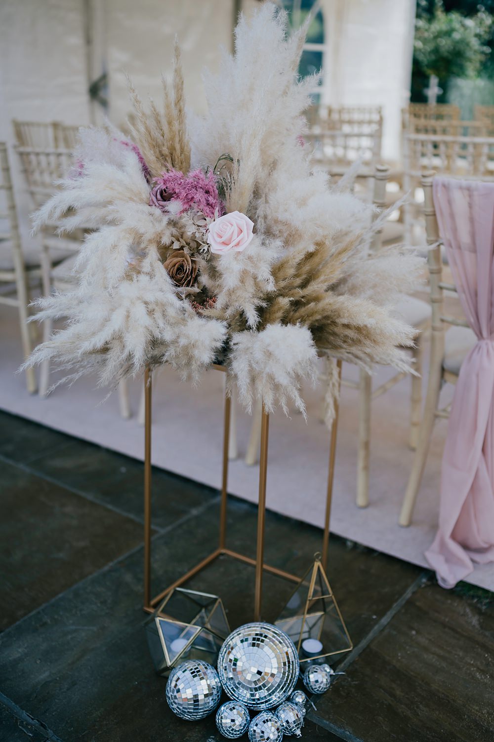 Personal Back Garden Wedding Emma Mcnair Photography Tall Flowers Pampas Grass Disco Balls