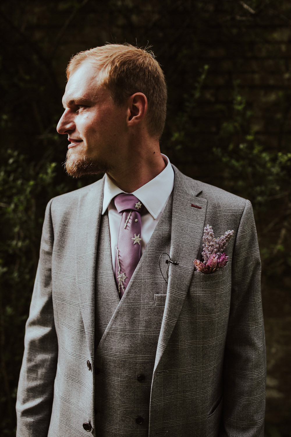 Starry Wedding Steven Haddock Photographer Groom Grey Suit Lilac Tie Buttonhole