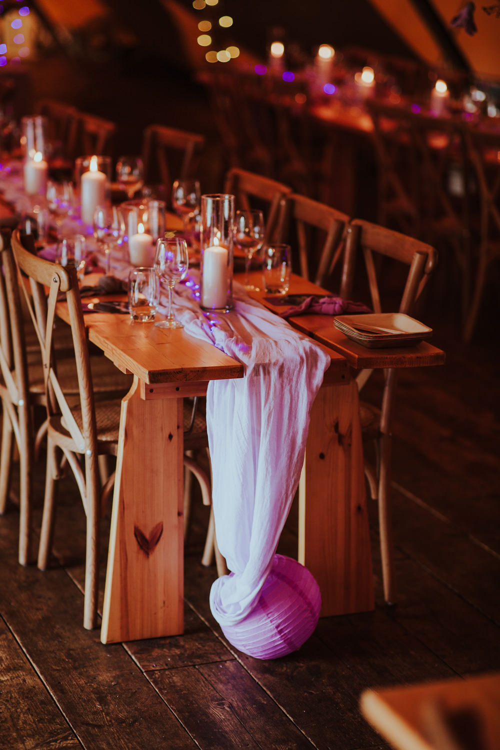 Starry Wedding Steven Haddock Photographer Long Wooden Rustic Table Candles Lilac Runner