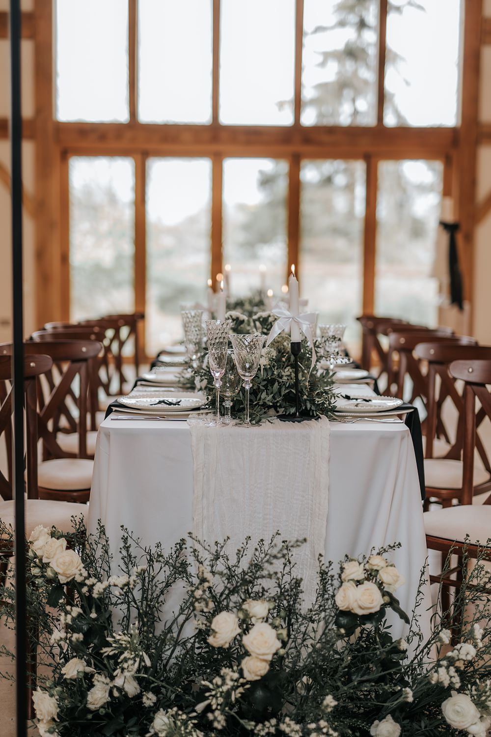 Chic Monochrome Wedding Inspiration Emma Collyer Photography Long Table White Runner Candles Greenery Centrepiece